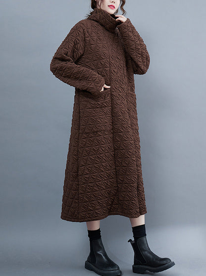 Long Sleeves Loose Color Textured High-neck Cotton Padded Midi Dresses