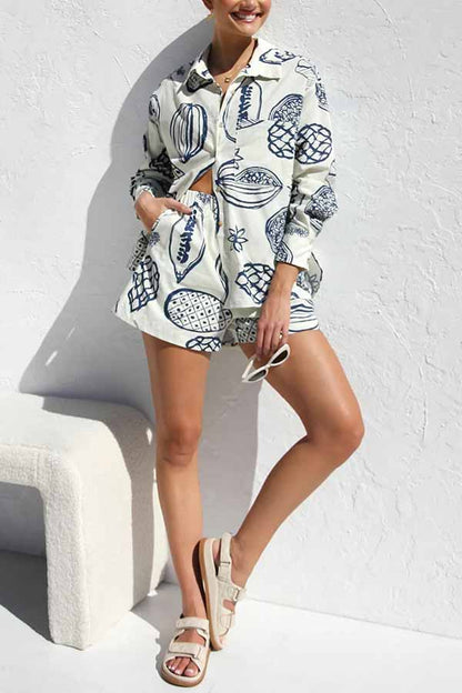 Parkside Tropical Fruit Print Loose Shirt and Elastic Waist Pocketed Shorts Set