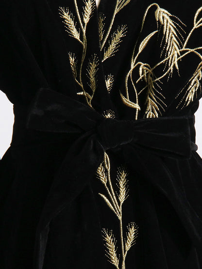 Loose Puff Sleeves Embroidered Tied Waist V-neck Mini Dresses