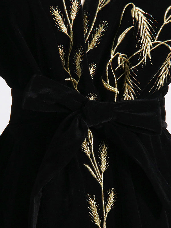 Loose Puff Sleeves Embroidered Tied Waist V-neck Mini Dresses