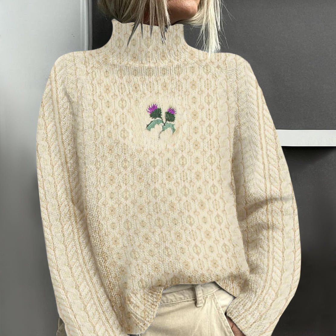 Vintage Scottish Thistle Embroidery Cozy Aran Sweater artswardrobe
