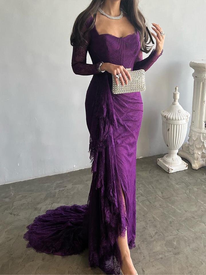 Long Sleeves Mermaid Mesh See-through Split-side Square-neck Evening Dresses Maxi Dresses