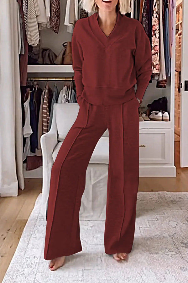 Weather Gets Cold Color V-neck Top and Elastic Waist Pocketed Lounge Pants Set