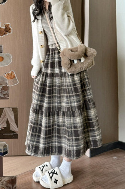Wool Blend Tiered Plaid Skirt