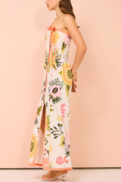 Inessa Linen Blend Print Strapless Wrap Bow Maxi Dress