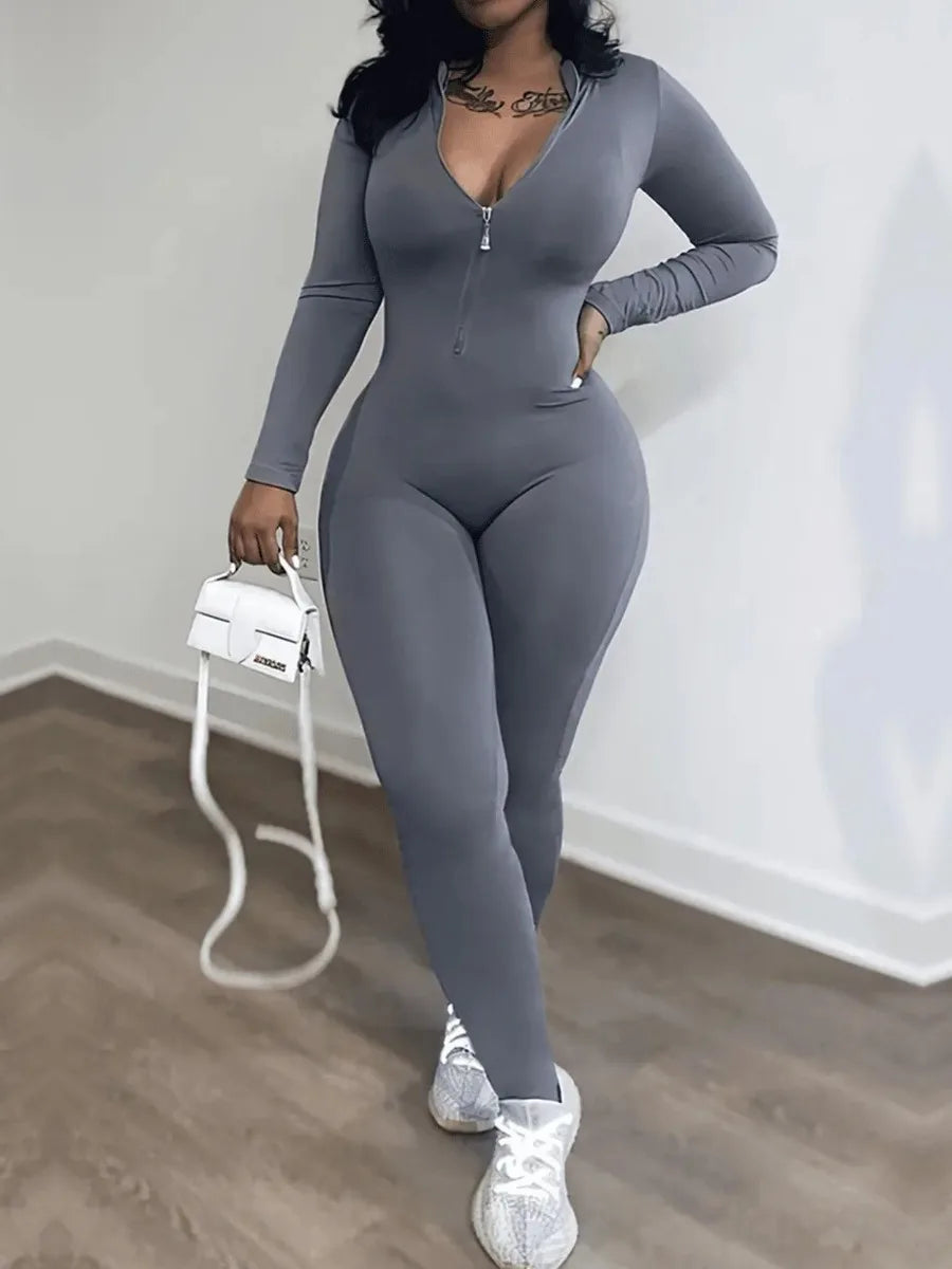 Zipper Design Skinny Jumpsuit Autumn Color V Neck Long Sleeve One Pieces Suit Sportswear Outfits for