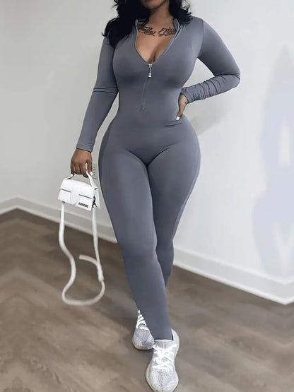Zipper Design Skinny Jumpsuit Autumn Color V Neck Long Sleeve One Pieces Suit Sportswear Outfits for