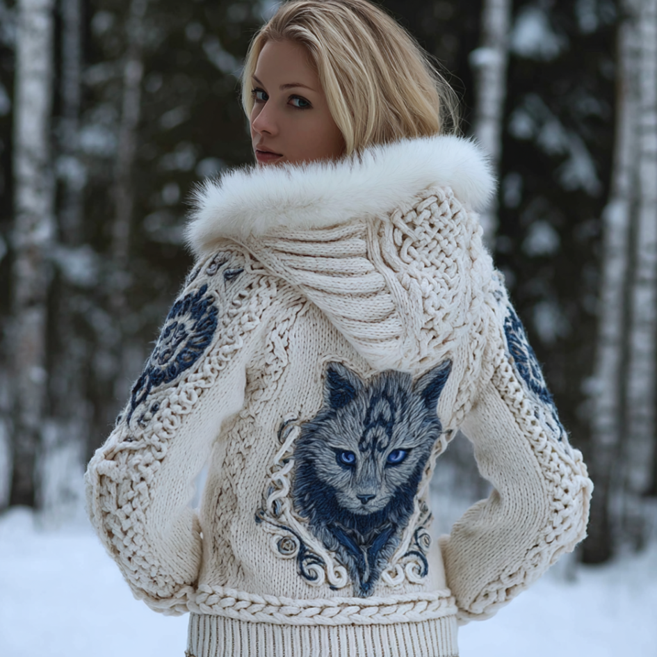 Comstylish Viking Retro Style Cat Embroidery Pattern Women's Knit Hooded Sweater Jacket