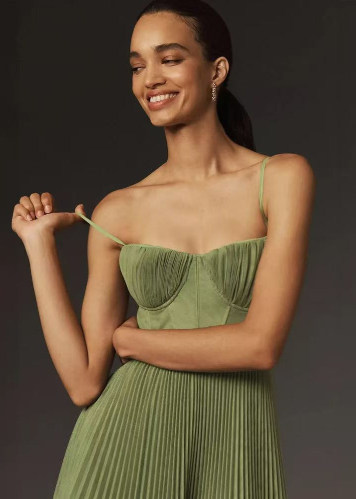 Olive Grace – Pleated Midi Corset Dress With Spaghetti Straps