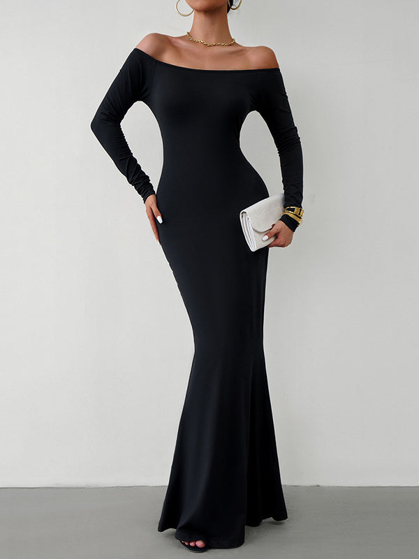 Bodycon Long Sleeves See-through Color Off-the-shoulder Maxi Dresses