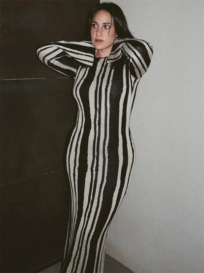 Knit Striped Wrap Dress for Contrast High Street Slim Long Dress Pullover Knitwear High Waist Dress