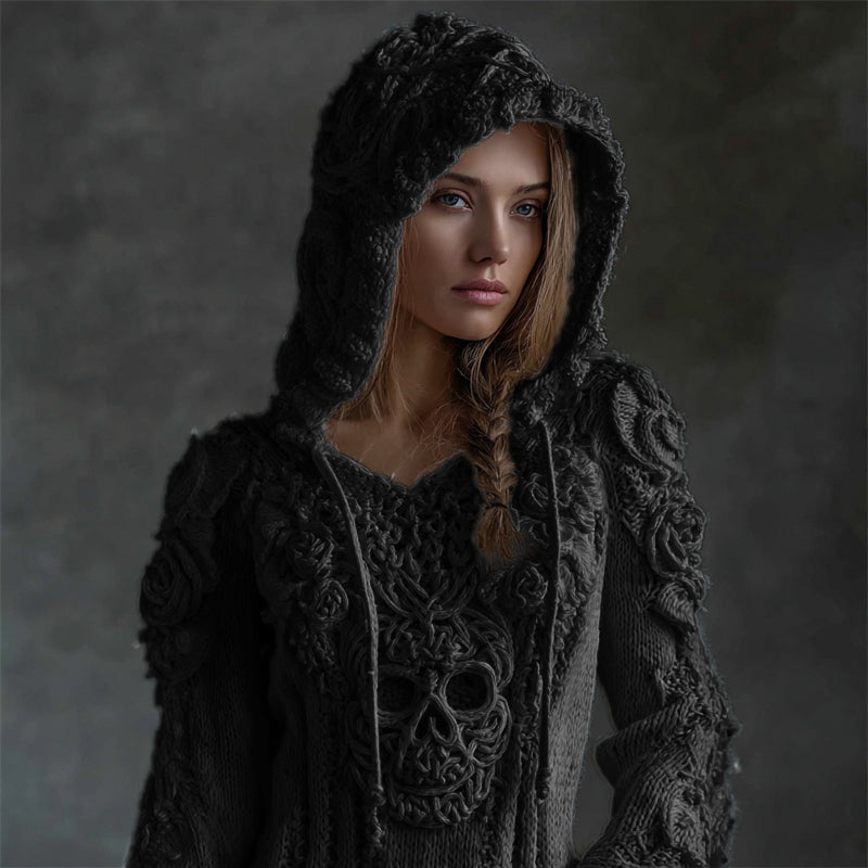 Vintage White Roses Viking Celtic Skull Hooded Cozy Knit Sweater elevenforest