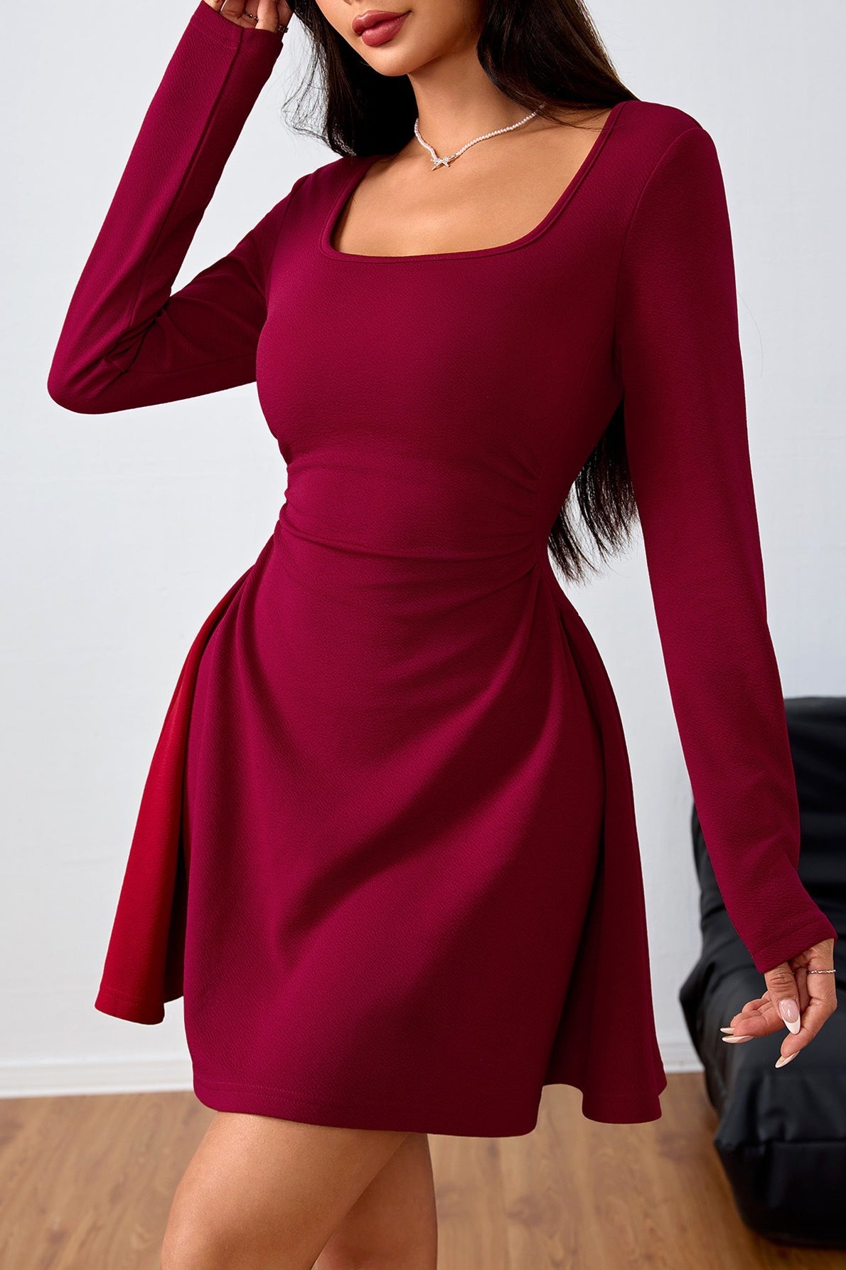 Ruched Square Neck High Waist Mini Dress