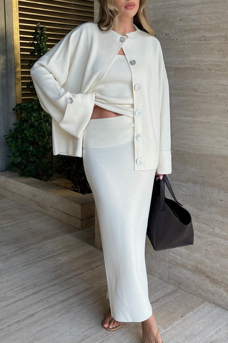 Minimalist Knit Long Sleeve Cardigan Cami Three Piece Set