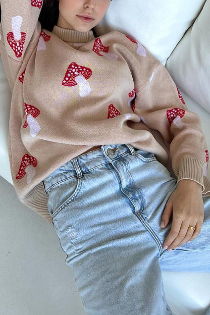 Mushroom Pattern Loose Round Neck Knitted Sweater