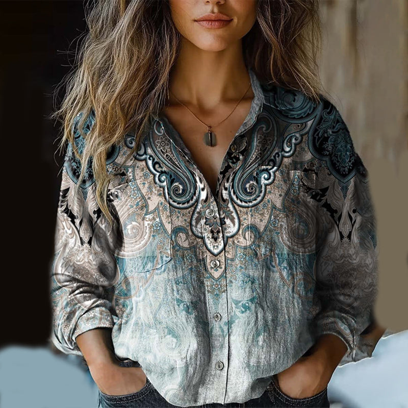 Women's Vintage Paisley Gradient Print Casual Shirt elevenforest