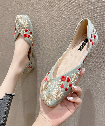 Green Embroider Flower Cotton Fabric Flat Feet Shoes