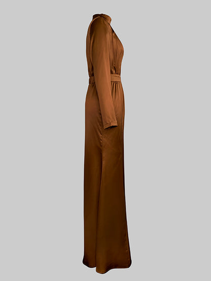 Long Sleeves Loose Pleated Shiny Color Split-joint Tied Waist High Neck Evening Dresses Maxi Dresses