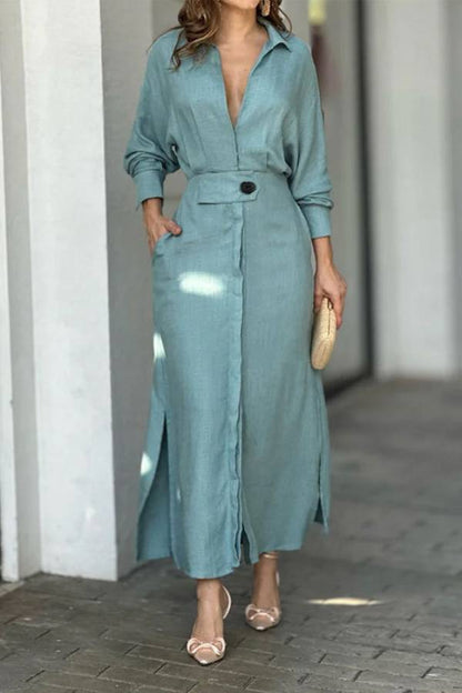 Full-sleeve V Neck Belt Button Pocket Midi Dress