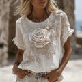 Women's Vintage Rose Embroidery Art Round Neck Linen Blend T-shirt elevenforest