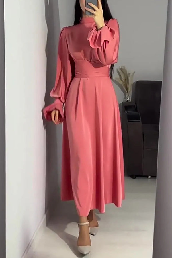 Color Ruffled Sleeves Waisted Tie Slim Fit Maxi Dress