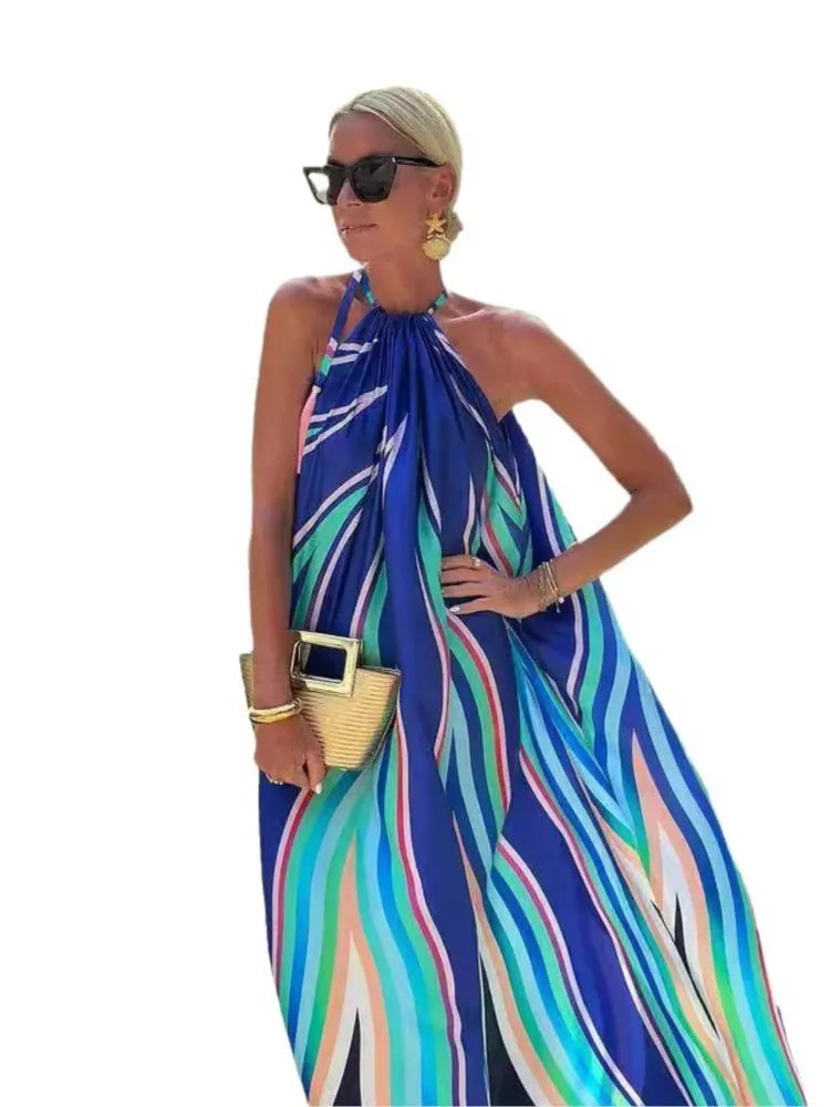 Summer Print Halter Neck Long Dresses Backless Vacation Style Loose Sleeveless Beach Dress Vestidos Female