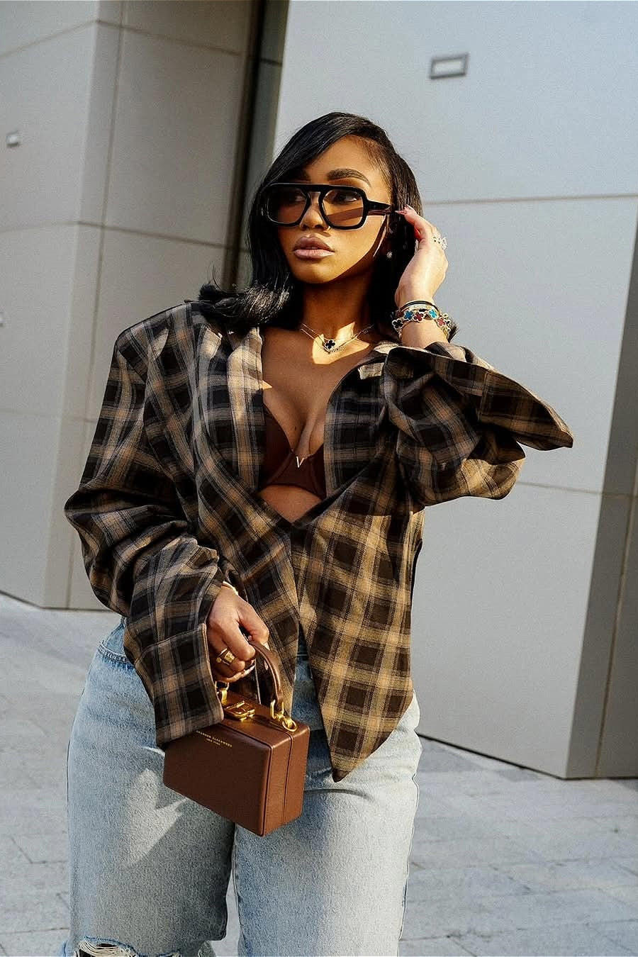 Plaid Collared Asymmetrical Blouse