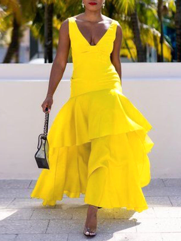 A-line Loose Color Split-joint Tiered V-neck Evening Dresses Maxi Dresses