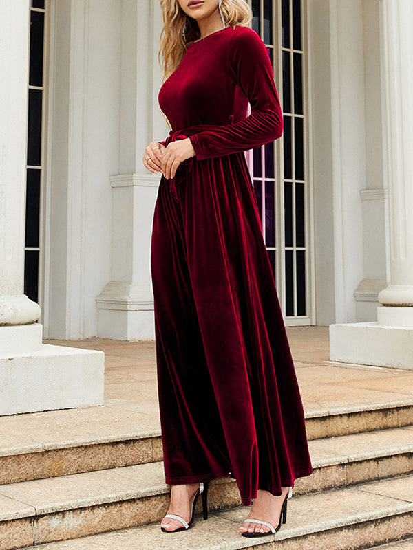 Long Sleeves Wrap Belted Pleated Color Zipper Round-neck Maxi Dresses