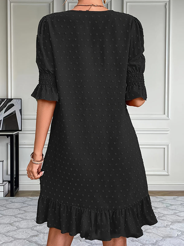 A-line Flared Sleeves Elasticity Jacquard Pleated Color Split-joint V-neck Mini Dresses