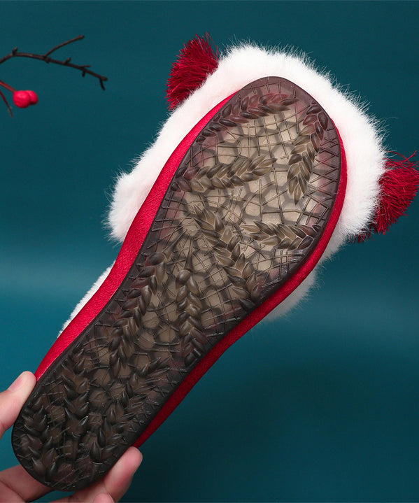 Red Fuzzy Wool Lined Tassel Nail Bead Splicing Flat Feet Shoes