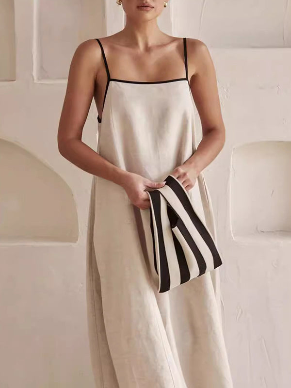 A-line Loose Split-joint Spaghetti-neck Maxi Dresses