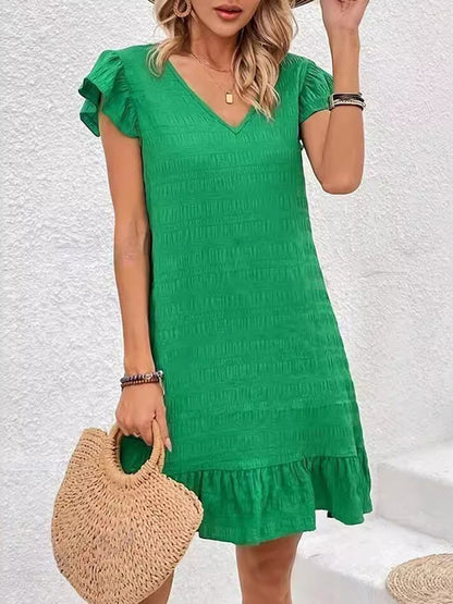 Loose Ruffle Sleeves Pleated Color Split-joint V-neck Mini Dresses