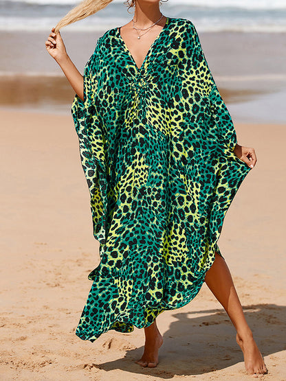 Batwing Sleeves Loose Leopard Split-joint Split-side Sun Protection V-neck Beach Cover-up Maxi Dresses