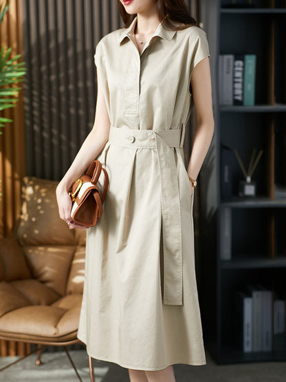 Short Sleeves Bandage Color Lapel Midi Dresses
