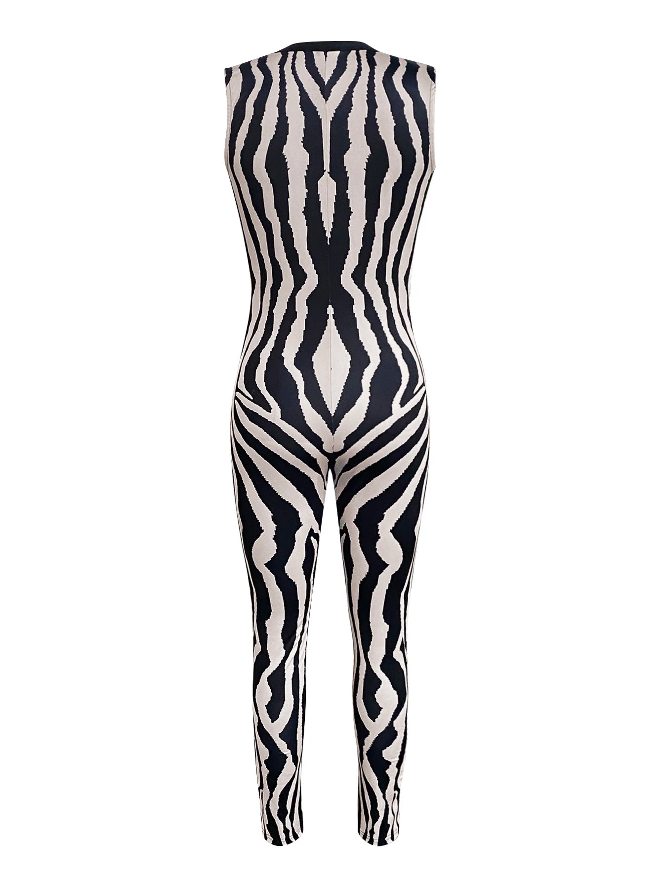 Striped Zipper Design Cami Jumpsuit – Fashionable Vine Round Neck Tight Sleeveless Jumpsuit for Sportswear