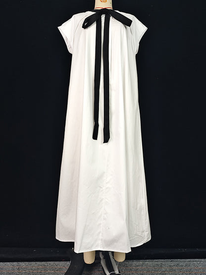 A-line Loose Pleated Tied Round-neck Midi Dresses