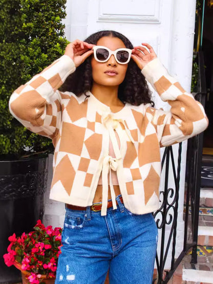 Geometric Print Lace-up Cardigan Sweater