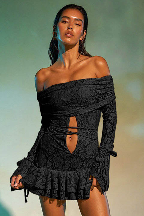 Ruffled Jacquard Off-shoulder Mini Dress