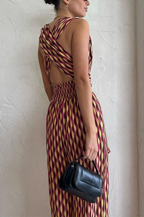 Moxidress Back Criss Cross Knot Waist Wide Leg Printed Jumpsuit