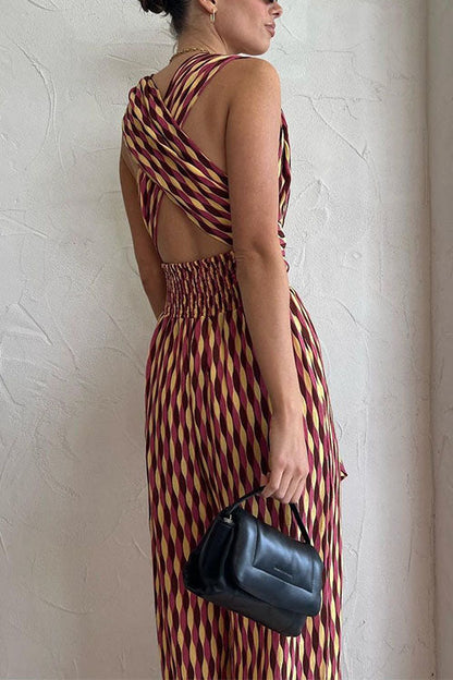 Moxidress Back Criss Cross Knot Waist Wide Leg Printed Jumpsuit