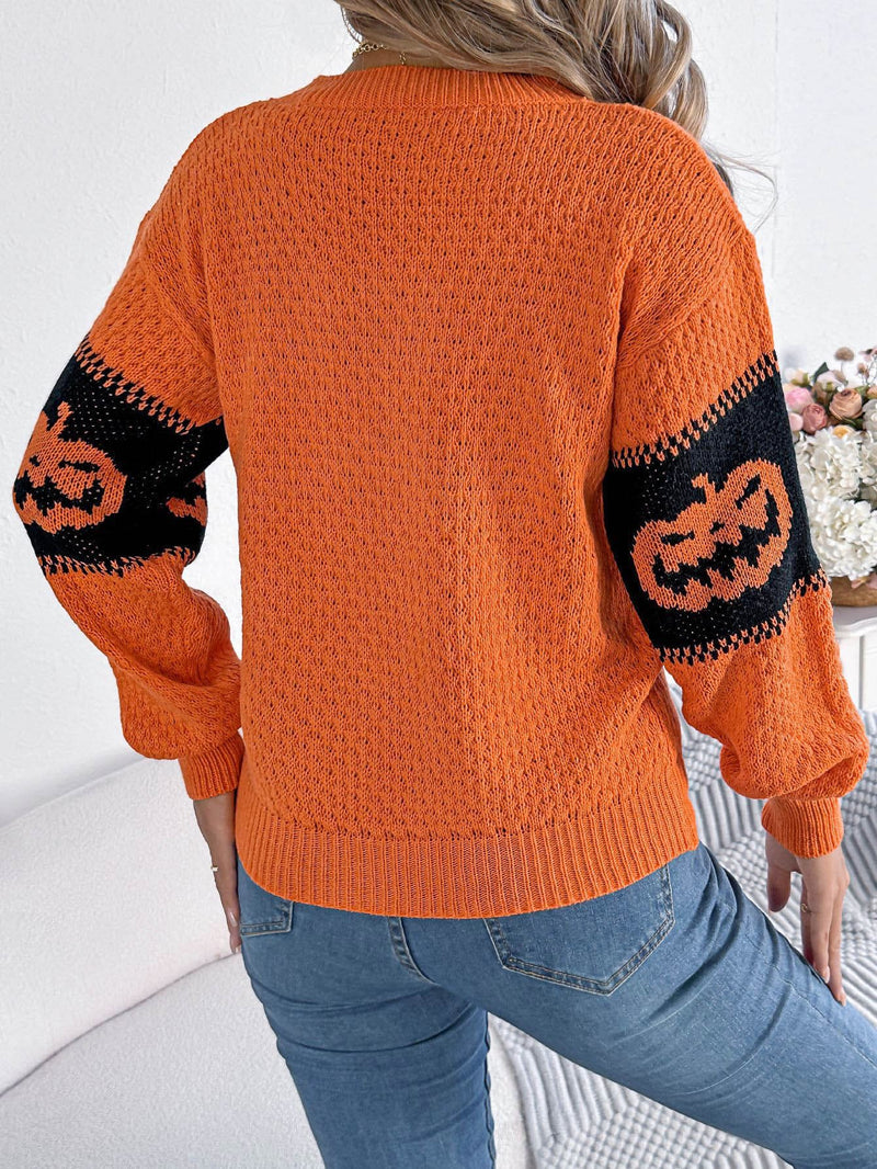 Halloween Pumpkin Head Color-block Crew Neck Knit Sweater