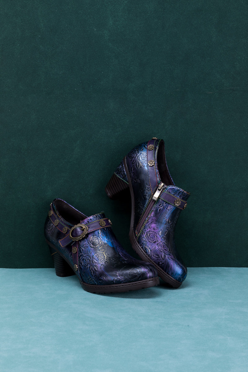 Soffia | Rose Embossed Relief Purple Leather Ankle Boot