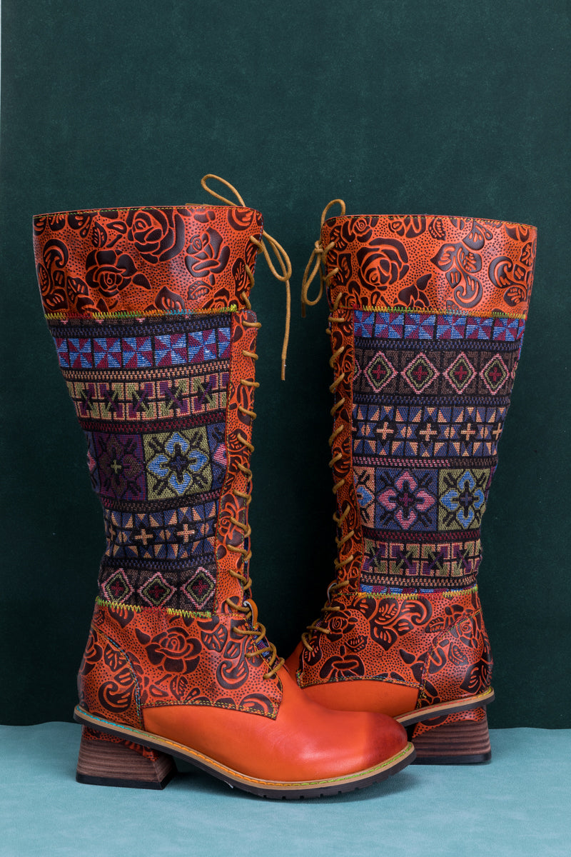 Soffia | Geometry Patchwork Embossed Leather Knee High Boot