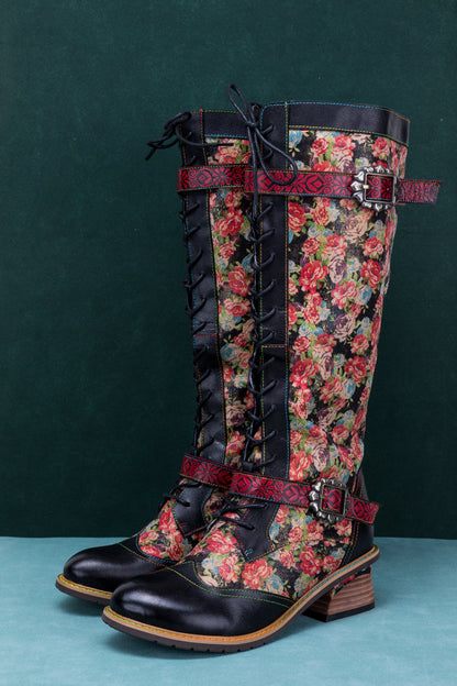 Soffia | Blooming Tie-accent Leather Knee High Boot