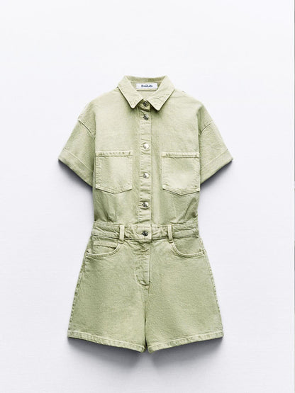 Mini Denim Cuffed-romper-green