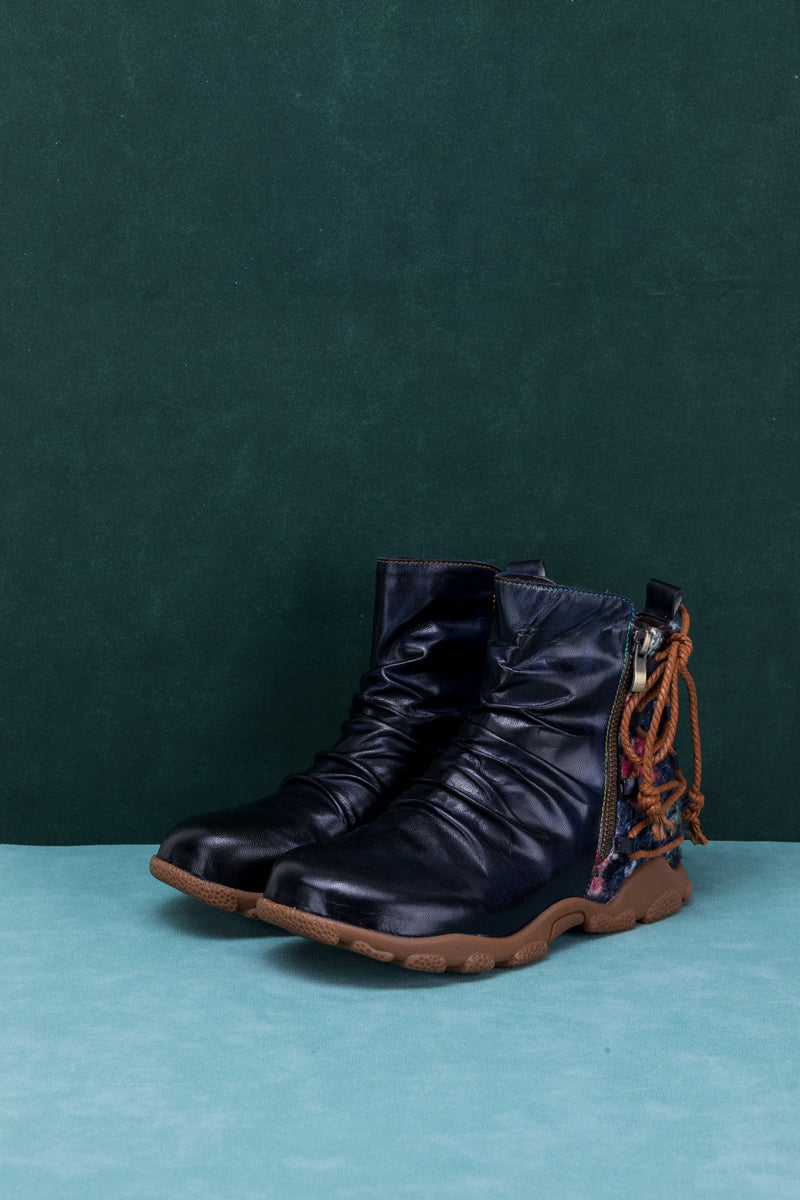 Soffia | Ruched Black Leather Combat Boot