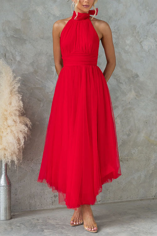 Moxidress Bow Knot Halter Open Back Tulle Maxi Dress