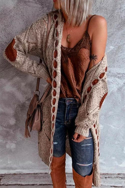 Elbow Patch Color Block Hoodied Midi Cardigan