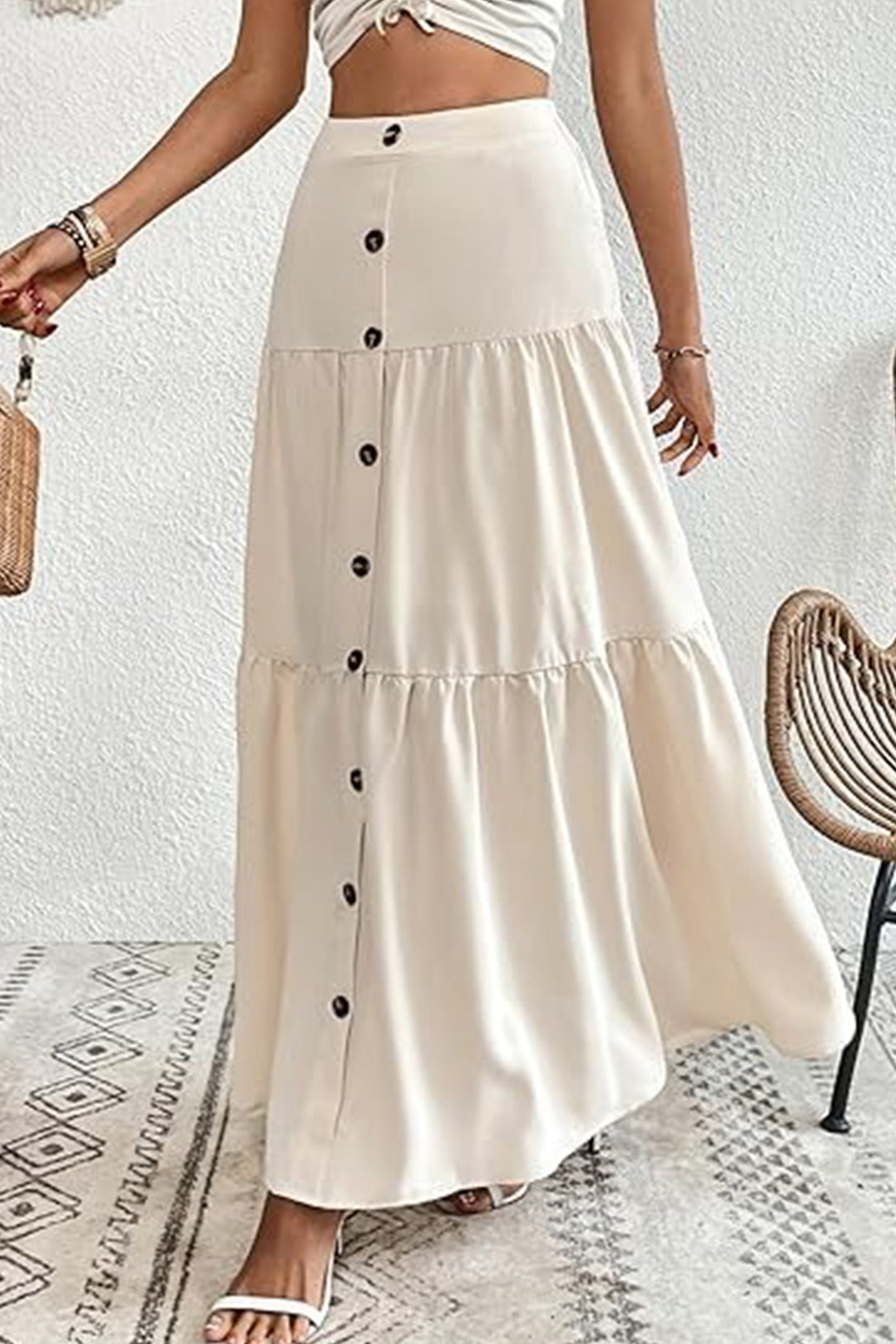 Single-breasted Color Tiered Maxi Skirt